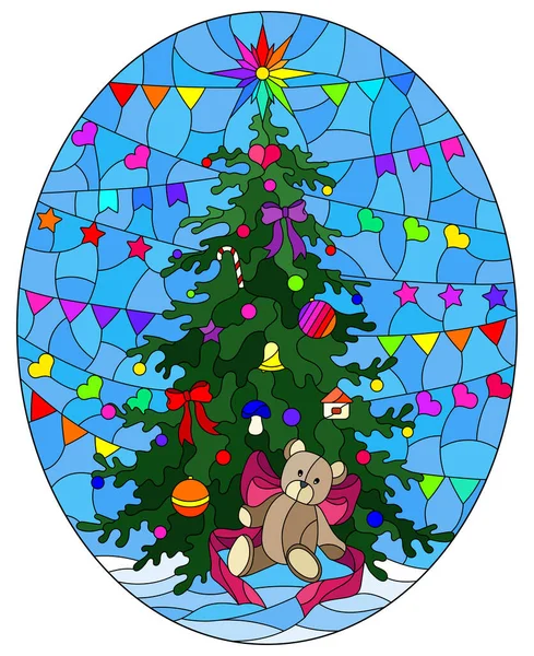 Ilustración Estilo Vidriera Con Árbol Navidad Oso Juguete Sobre Fondo — Vector de stock