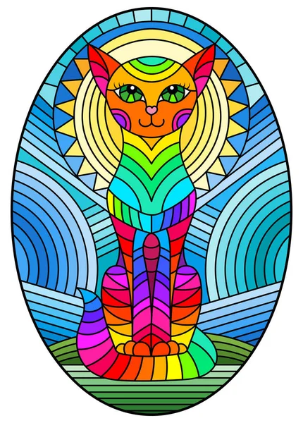 Ilustração Estilo Vitral Com Gato Geométrico Abstrato Sol Fundo Azul — Vetor de Stock