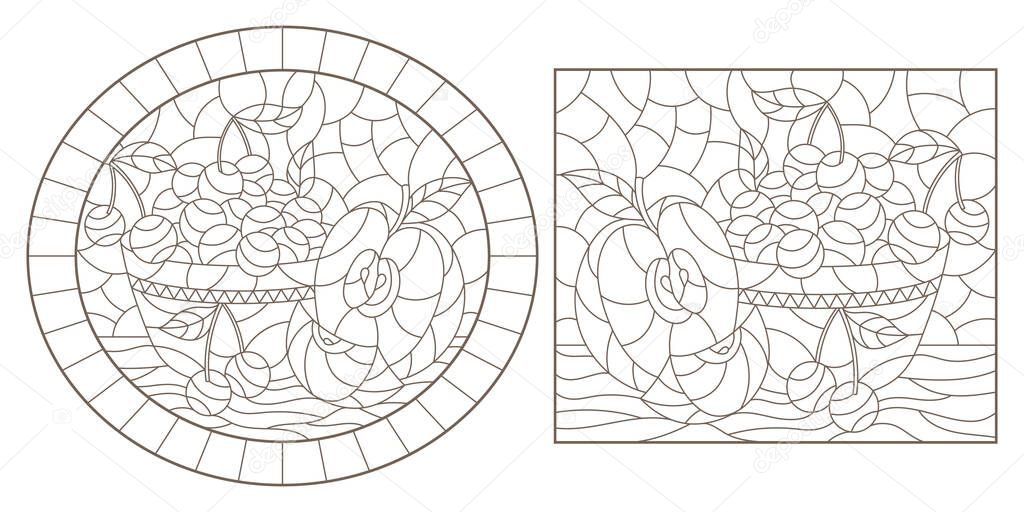 Set of contour illustrations of stained glass Windows with still lifes, berryes and fruits, dark outlines on a white background