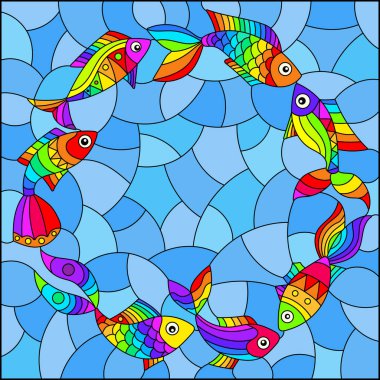 Mavi arka planda parlak gökkuşağı soyut balığıyla renklendirilmiş cam tarzı bir resim