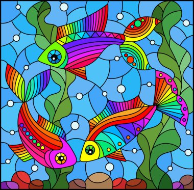 Su, taban ve yosunların arka planında parlak gökkuşağı balığıyla renklendirilmiş cam tarzı bir resim.