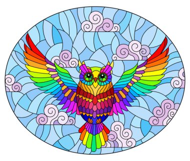 Gökyüzünde bulutlarla uçan soyut gökkuşağı baykuşağı ile renklendirilmiş cam tarzı bir resim, oval görüntü