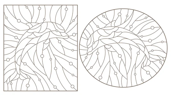 Conjunto Ilustrações Contorno Vitrais Janelas Com Golfinhos Contornos Escuros Sobre — Vetor de Stock