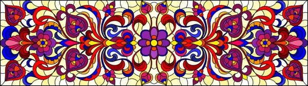 Иллюстрация Витражном Стиле Абстрактными Вихрями Цветами Листьями Желтом Фоне Горизонтальная — стоковый вектор
