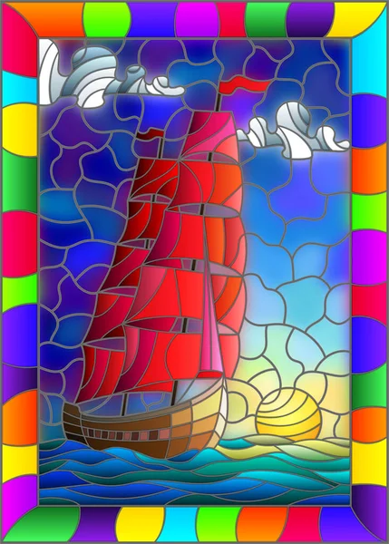 Ilustração Estilo Vitral Com Velho Navio Navegando Com Velas Vermelhas — Vetor de Stock