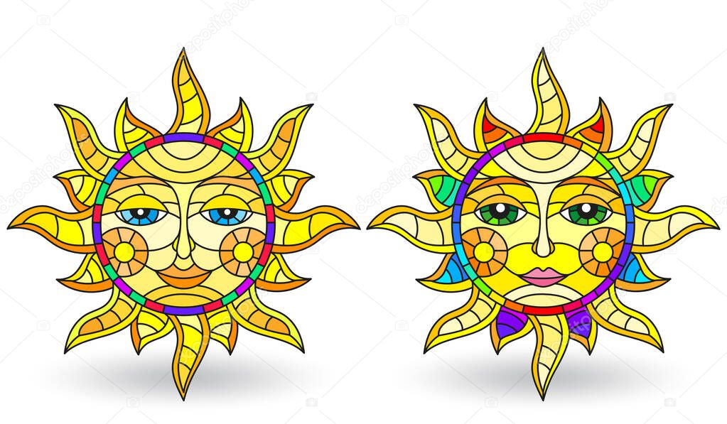 A set of stained-glass suns with faces on a white background isolates