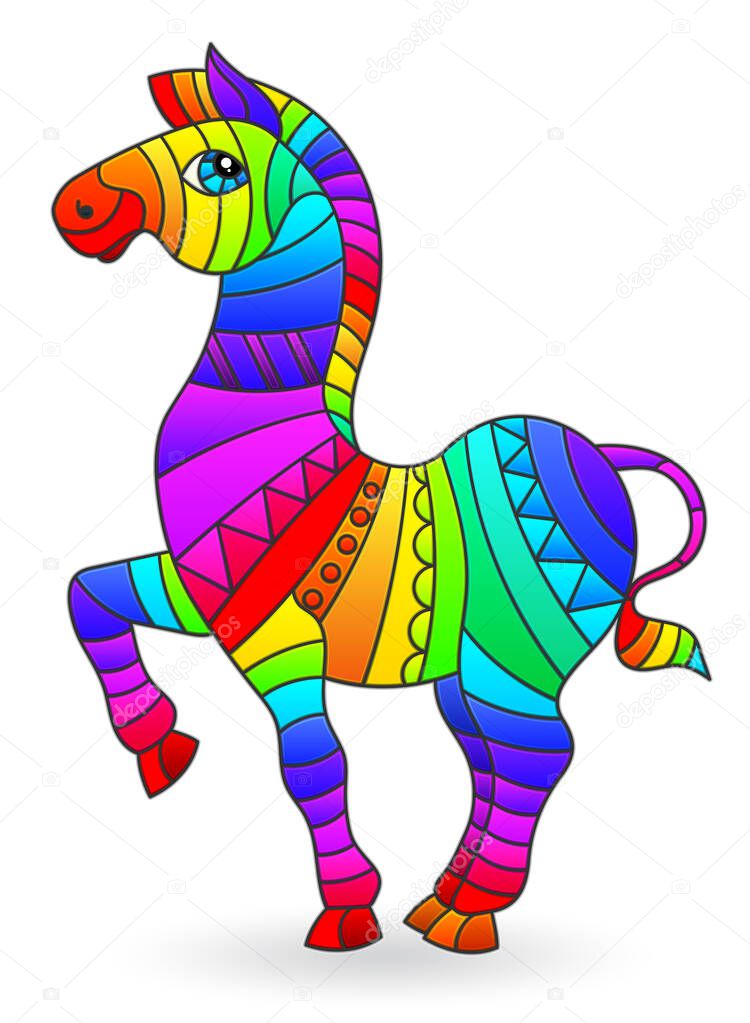 Illustration in stained glass style with a bright rainbow Zebra, isolated on a white background