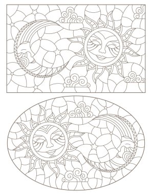 Bulutlu gökyüzü arka planında güneş ve ay olan vitray çizimleri, beyaz arkaplanda koyu çizgiler