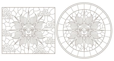 Yuvarlak yüz, vitray güneşin kontur illüstrasyonlar ayarla ve görüntü, beyaz bir arka plan üzerinde koyu anahat Meydanı, izole