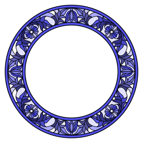 Иллюстрация Витражном Стиле Цветочная Рамка Синие Цветы Листья Белом Фоне — стоковый вектор