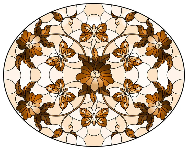 茶色の背景に抽象的な巻き花や蝶とステンドグラスのスタイルでイラスト 楕円形の画像 セピア — ストックベクタ