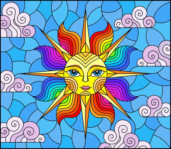Illustration Stained Glass Style Fabulous Sun Face Background Sky Clouds — Stock Vector