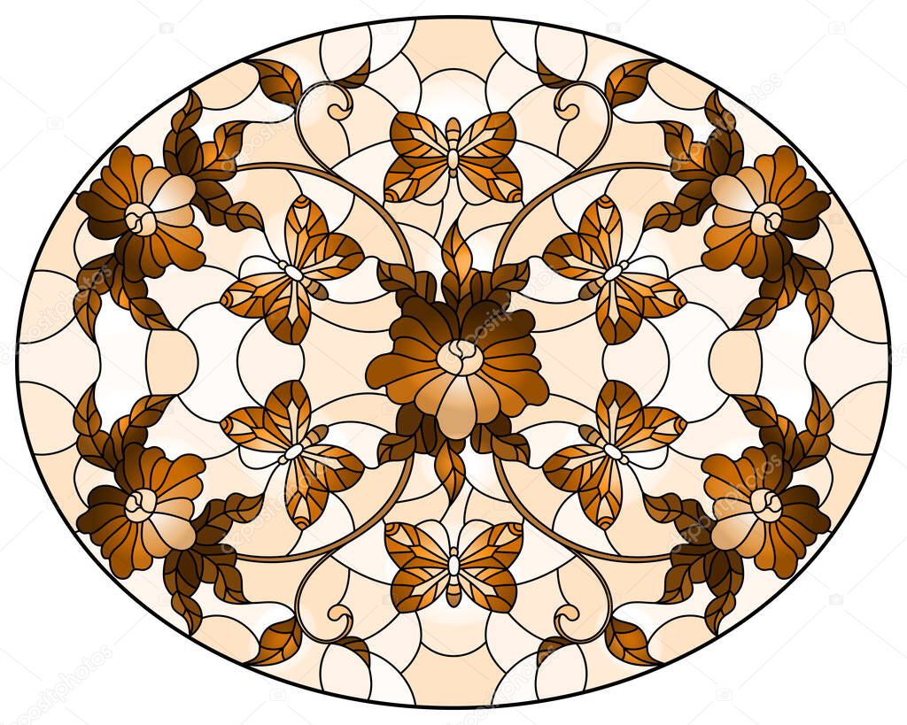 Illustration in stained glass style with abstract curly  flowers and  butterflyes on a brown background , oval image,sepia