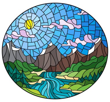 Dağların, ormanların, güneşli gökyüzünün, oval görüntünün arka planında dönen nehirle boyalı cam tarzında bir resim.