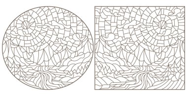 Boyalı cam tarzında, vahşi doğa manzarası, bir dağ nehri, beyaz arkaplan üzerinde koyu bir dış hat ile şekillendirilmiş çizimler yapın.