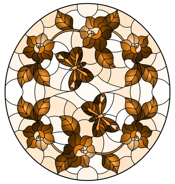 茶色の背景に抽象的な巻き花や蝶とステンドグラスのスタイルでイラスト 楕円形の画像 セピア — ストックベクタ