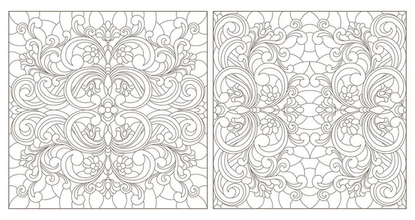 Set Contour Illustrations Vitraux Avec Des Tourbillons Abstraits Des Fleurs — Image vectorielle