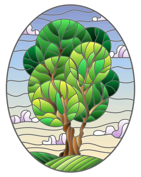 Ilustración Estilo Vitral Con Árbol Sobre Fondo Celeste Imagen Oval — Vector de stock