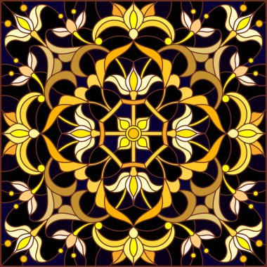 Çiçek süslemeli boyalı cam tasviri, koyu arkaplanlı taklit altın, girdaplı ve çiçekli motif, kare resim