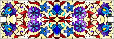 Soyut girdapları, çiçekleri ve yaprakları sarı arka planda, yatay yönelimli, boyalı cam tarzında resimleme