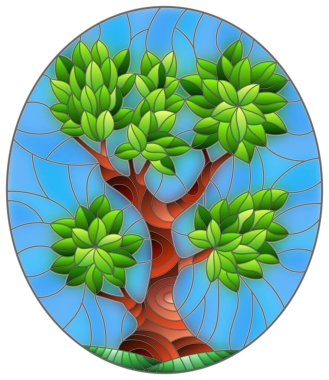 Gökyüzü arka planında soyut yeşil ağaç ve yeşil tepeler, oval resim ile boyalı cam tarzında bir resim