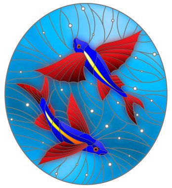 Su ve hava kabarcıklarının arka planında uçan iki balığın olduğu mozaik cam tasviri, oval görüntü