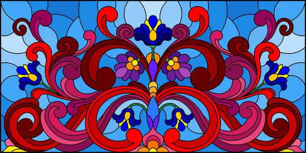 带有抽象旋涡的彩色玻璃样式的图解 蓝色背景上的花朵和叶子 水平方向 — 图库矢量图片