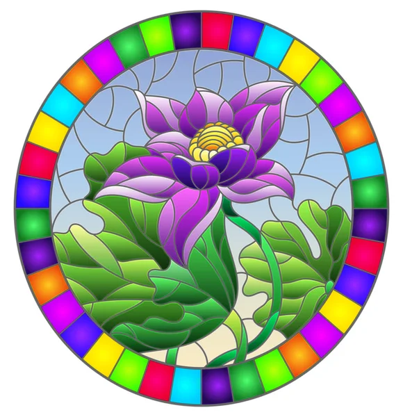 Illustrazione Stile Vetrate Con Fiori Boccioli Foglie Loto Viola Sfondo — Vettoriale Stock