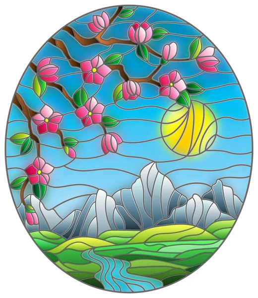 Ilustrace Stylu Barevného Skla Třešňovými Květy Pozadí Hor Oblohy Slunce — Stockový vektor
