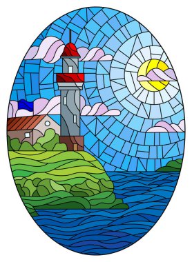 Deniz arka planında bir deniz feneri ve güneşli bir gökyüzü, oval görüntü ile boyalı cam tarzında bir resim.