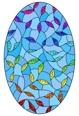 Mavi arkaplanda gökkuşağına boyanmış yapraklarla boyalı vitray tarzı bir resim, oval resim.