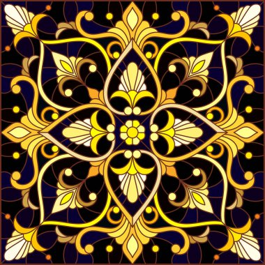 Çiçek süslemeli boyalı cam tasviri, koyu arkaplanlı taklit altın, girdaplı ve çiçekli motif, kare resim