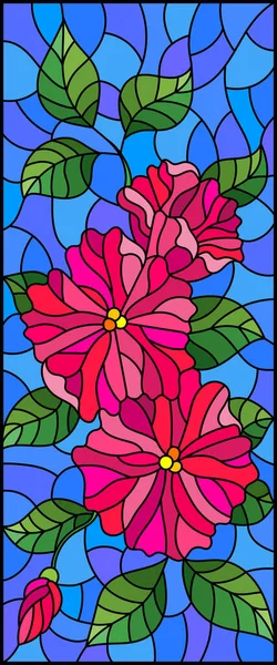 Ilustracja Stylu Witrażu Abstrakcyjnymi Splecionymi Różowymi Kwiatami Liśćmi Niebieskim Tle — Wektor stockowy