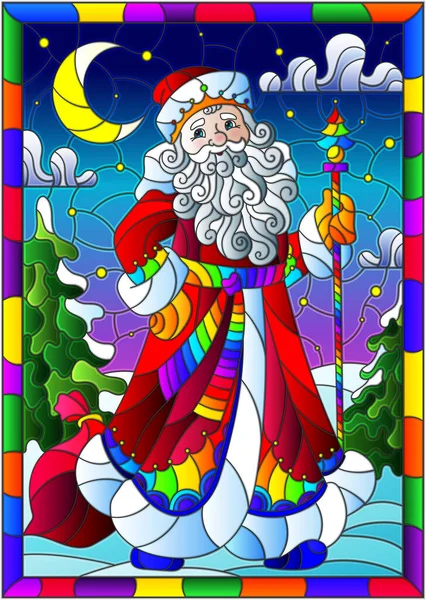Ilustracja Stylu Witrażu Temat Ferii Zimowych Wesoły Kreskówka Santa Claus — Wektor stockowy