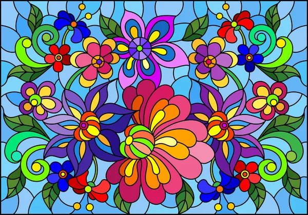 Illustration Glasmalereistil Mit Hellen Abstrakten Blüten Und Blättern Auf Blauem — Stockvektor