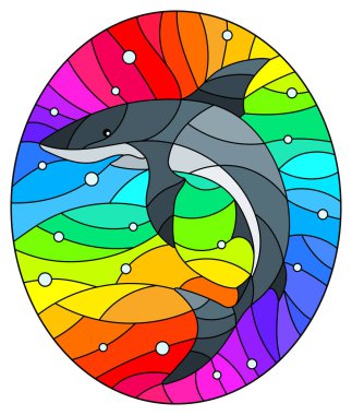 Gökkuşağı arka planında köpekbalığı olan boyalı camlar, oval görüntü. 