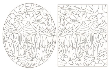 Boyalı cam tarzında, vahşi doğa manzarası, bir dağ nehri ve şelale, beyaz zemin üzerinde koyu bir çizgiden oluşan desenler çiz.