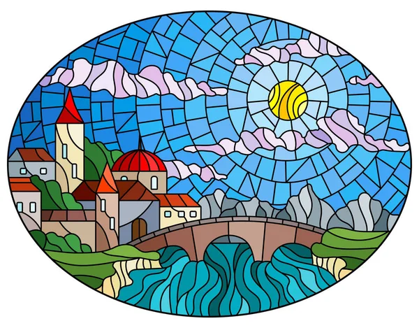 Ilustração Estilo Vitral Com Cidade Velha Ponte Sobre Rio Com — Vetor de Stock