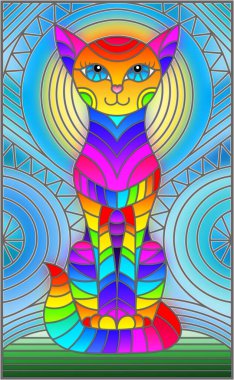 Soyut geometrik kedi ve soyut mavi arka planda güneş ile boyalı cam tarzı bir resim