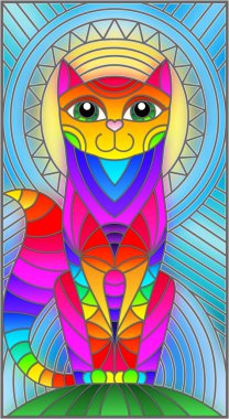 Soyut geometrik kedi ve soyut mavi arka planda güneş ile boyalı cam tarzı bir resim