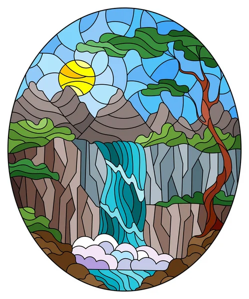 Illustration Stained Glass Style Landscape Tree Background Waterfall Mountains Sun — Stock Vector