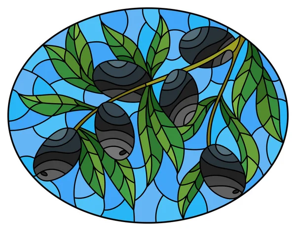 Ilustrace Stylu Barevného Skla Větvemi Černých Oliv Modrém Pozadí Oblohy — Stockový vektor