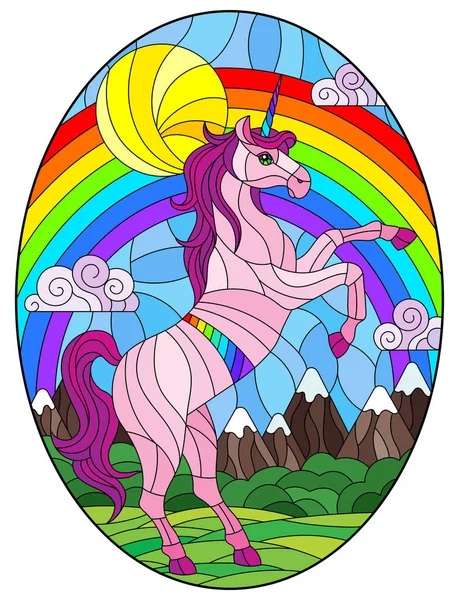 Illustration Stained Glass Style Pink Cartoon Unicorn Background Mountains Rainbow — Stock Vector