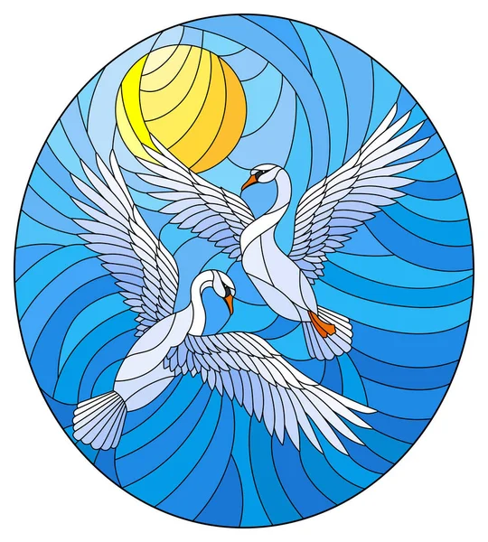 Ilustración Estilo Vitral Con Par Cisnes Fondo Del Cielo Azul — Vector de stock