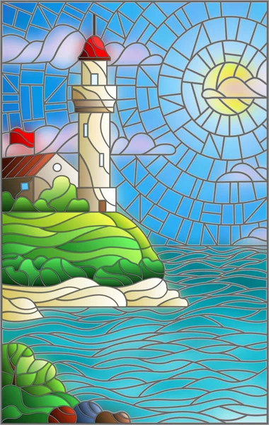 Illustration Stained Glass Style Seascape Lighthouse Background Sea Sunny Sky — Stock Vector