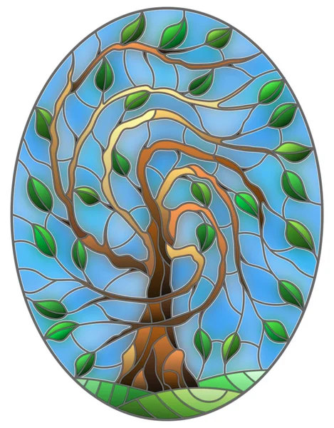 Illustration Stained Glass Style Green Tree Sky Background Oval Image — Stock Vector