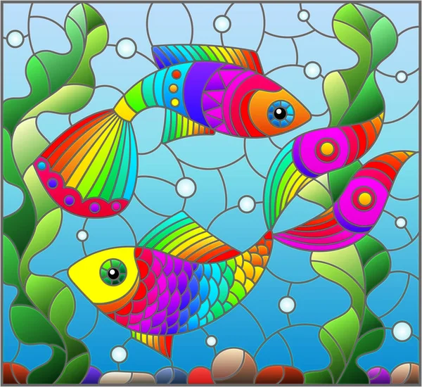 Иллюстрация Витражном Стиле Яркими Радужными Рыбами Фоне Воды Дна Водорослей — стоковый вектор