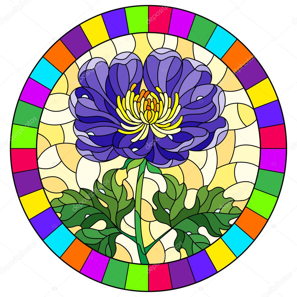 Stained glass illustration with a beautiful pink flower  against a yellow background, oval image