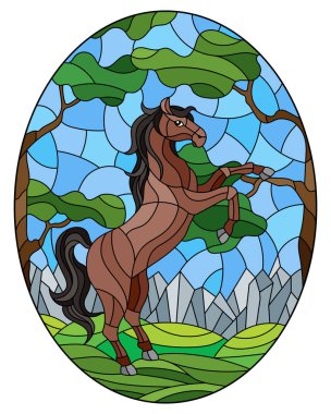 Ağaçların, dağların, gökyüzünün, oval görüntünün arka planında vahşi at figürleri.