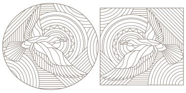 Kontur illüstrasyonlar vitray kuşlar, beyaz bir arka plan üzerinde koyu kontür kümesi